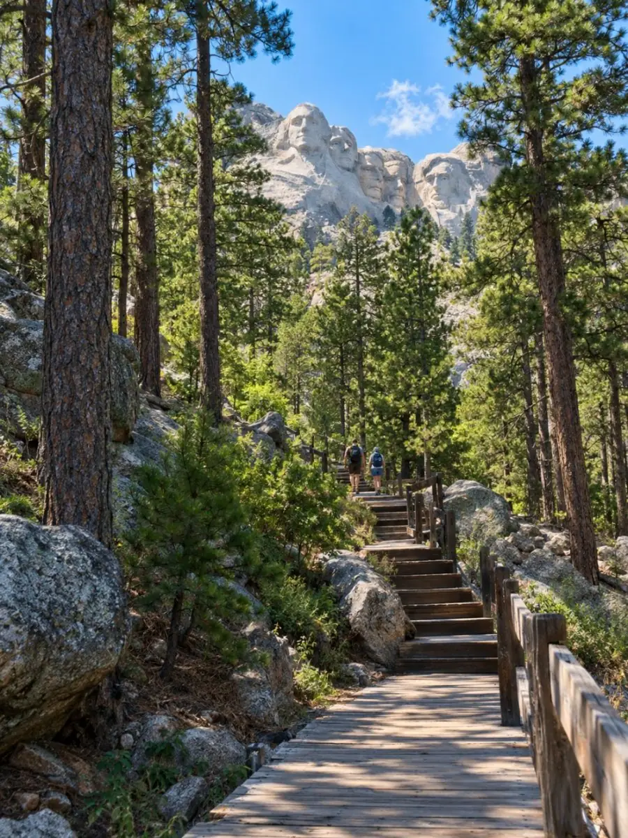 Escalier en bois d'un sentier forestier montant parmi les pins ponderosa vers les visages sculptés de Mount Rushmore