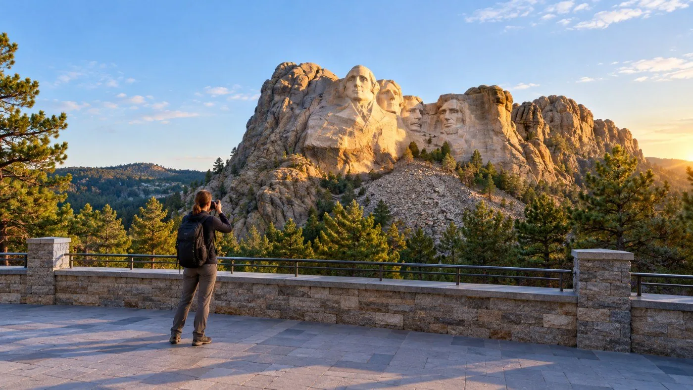 Une terrasse de pierre paisible dans la lumière du petit matin face aux visages ensoleillés de Mount Rushmore