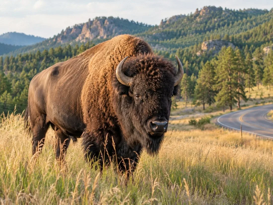 Un bison mâle dans l'herbe dorée au bord d'une route des Black Hills
