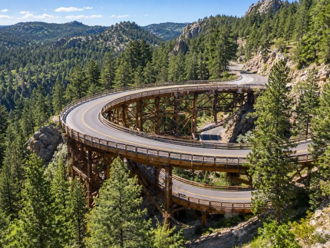 Un pont en bois en spirale sur l'Iron Mountain Road parmi les pins