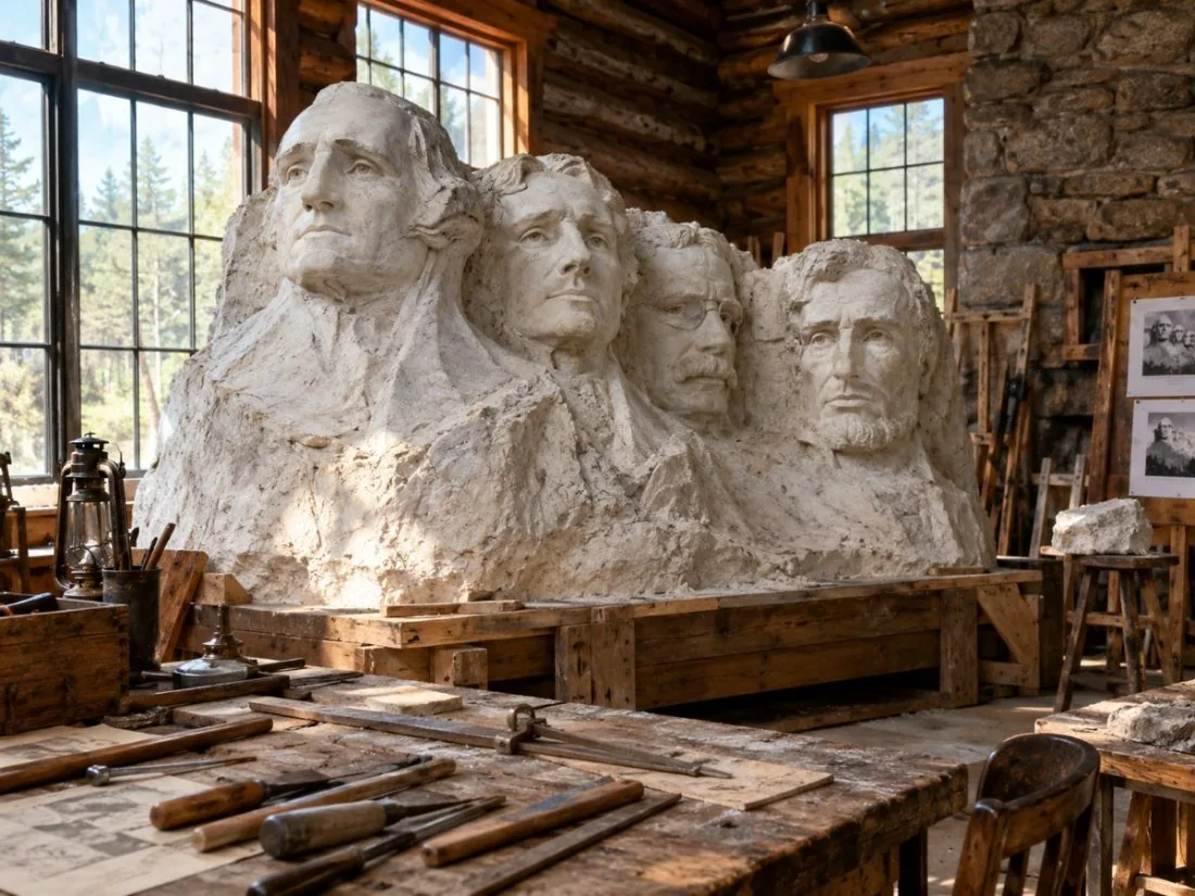 Maquette en plâtre des quatre présidents dans un atelier de sculpteur rustique