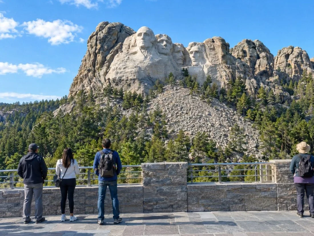 Les quatre visages sculptés de Mount Rushmore vus depuis la Grand View Terrace par un matin ensoleillé